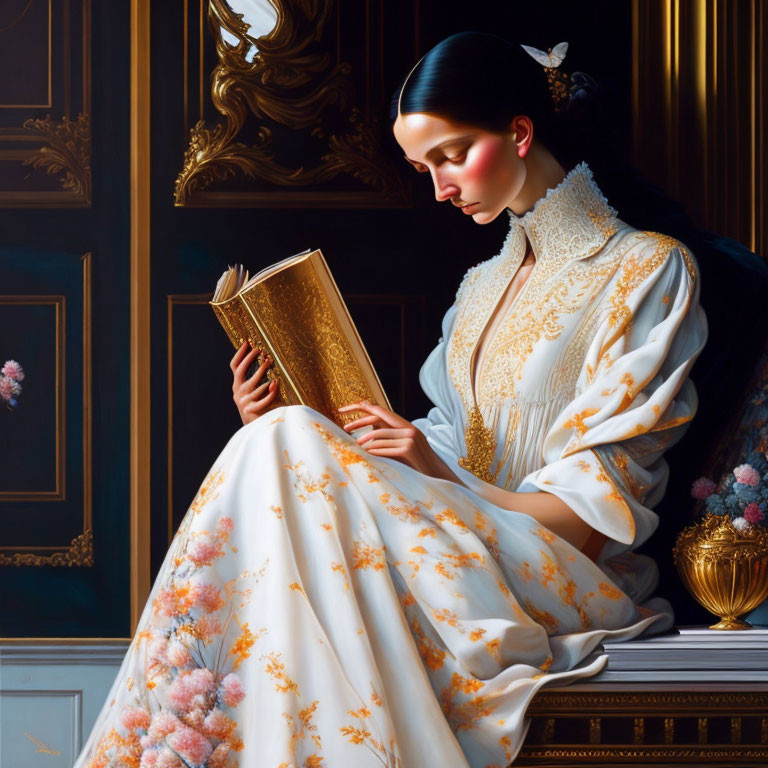 Woman in white floral dress reading golden book in elegant interior