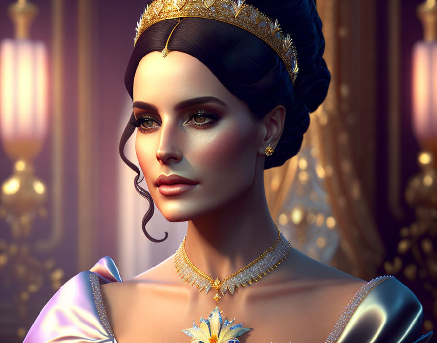 Sophisticated 3D-rendered woman with tiara and golden necklace