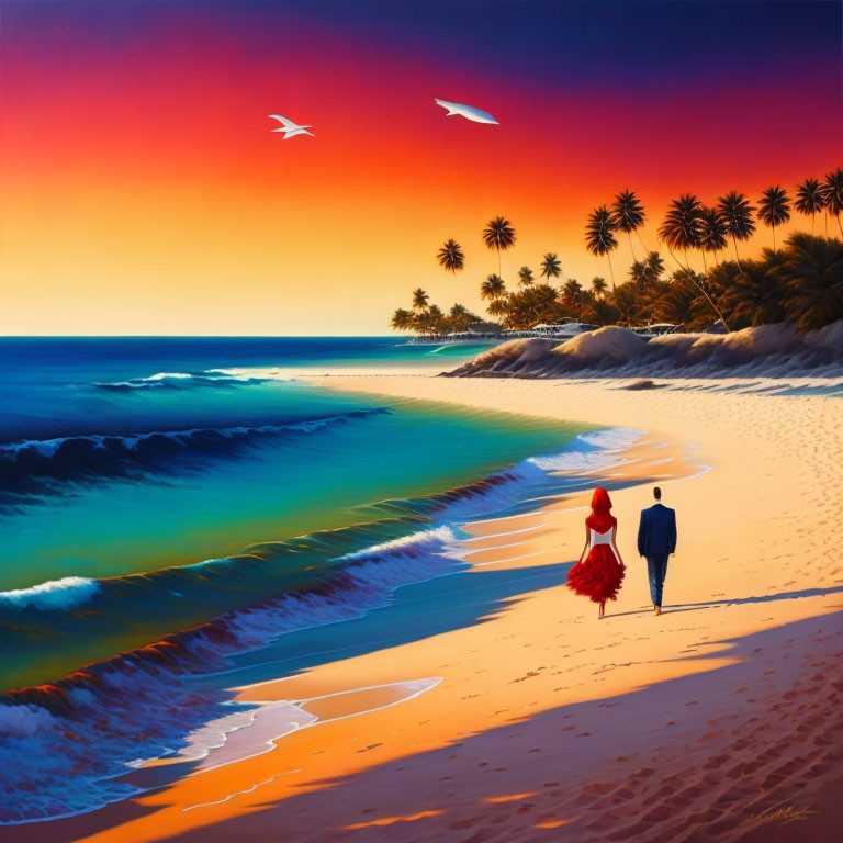 Couple Walking on Beach at Sunset with Palm Trees and Vibrant Sky Colors