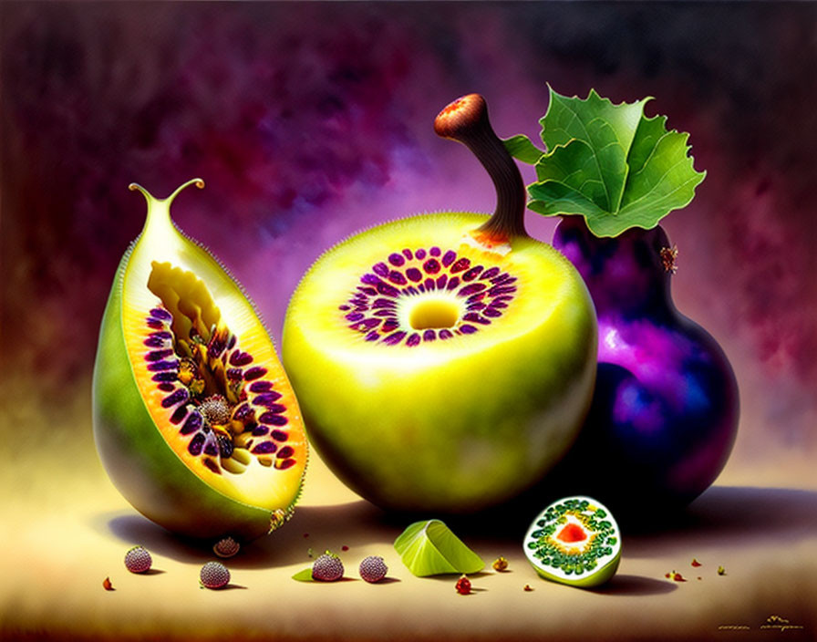 Colorful digital artwork: Kiwi, fig, and eggplant blend in dreamlike scene