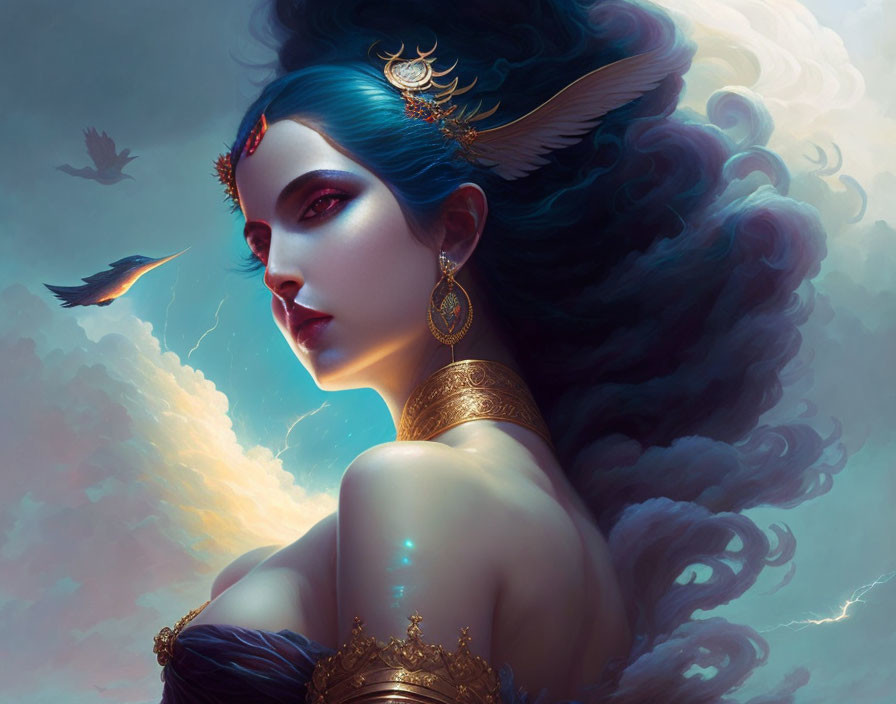 Fantasy illustration of woman with blue hair, angelic wings, gold jewelry, gazing at bird