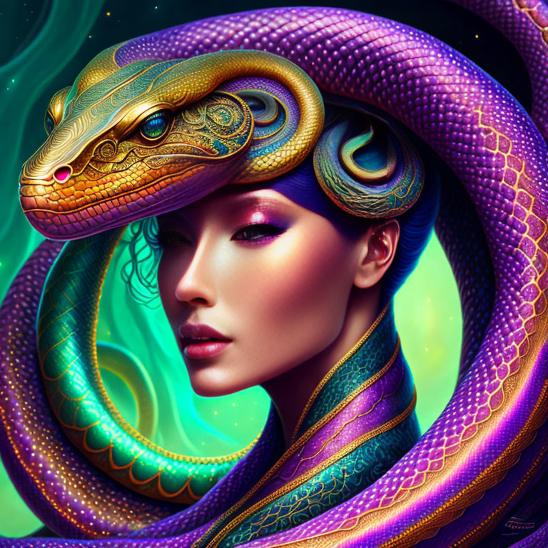 Colorful digital artwork: Woman with snake headdress