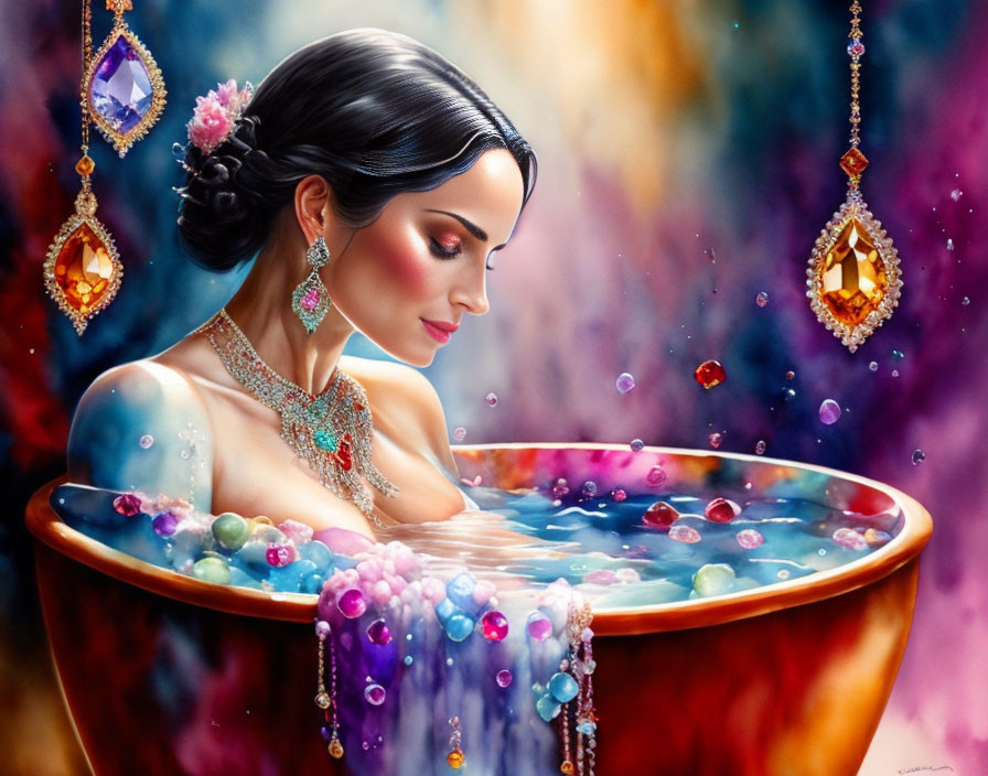 Dark-Haired Woman Soaking in Gemstone-Filled Tub with Floral Adornments