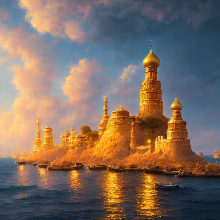 Golden-domed castle on secluded island under dramatic sky with blue and orange hues