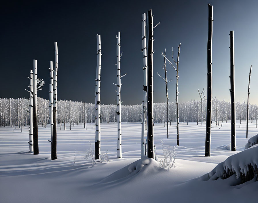 Snowy Landscape with Bare Birch Trees and Shadows in Clear Blue Sky