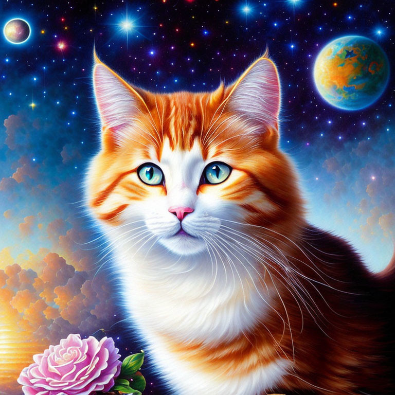 Illustrated cat with blue-green eyes in space with pink rose and planet