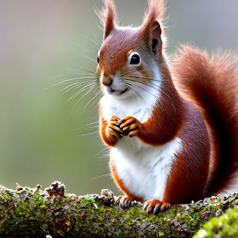 Red squirrel with nut on mossy branch in soft-focus background