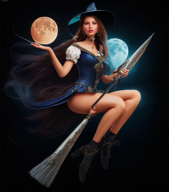 Fantasy illustration of witch with long hair, blue outfit, spear, broomstick, full moon