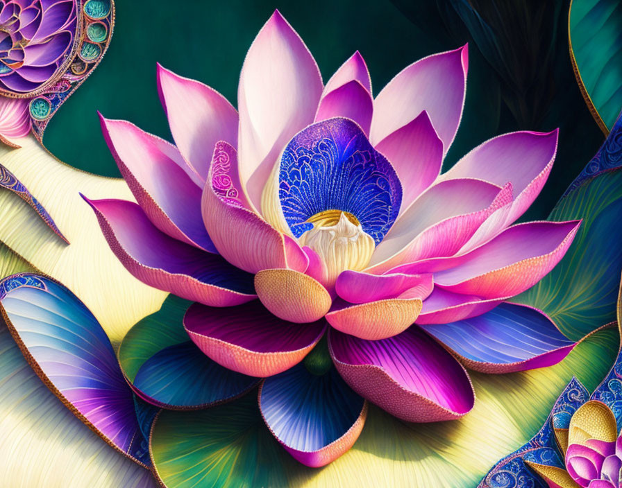 Colorful digital artwork: Pink and purple lotus flower with intricate patterns on lush green background