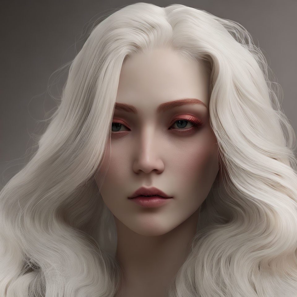 Pale-skinned woman with long white hair and red eyes on grey backdrop.