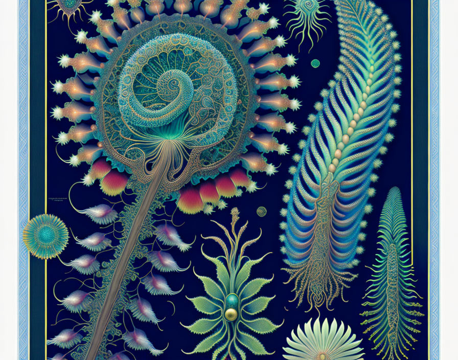 Abstract, symmetrical undersea life art with spiral structure on dark blue background