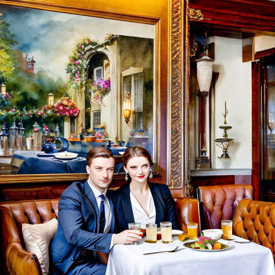 Elegant couple dining in luxurious setting with village mural