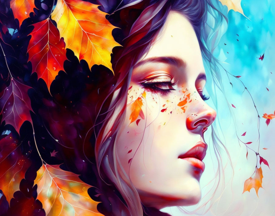 Detailed autumnal portrait of a woman with closed eyes and foliage elements