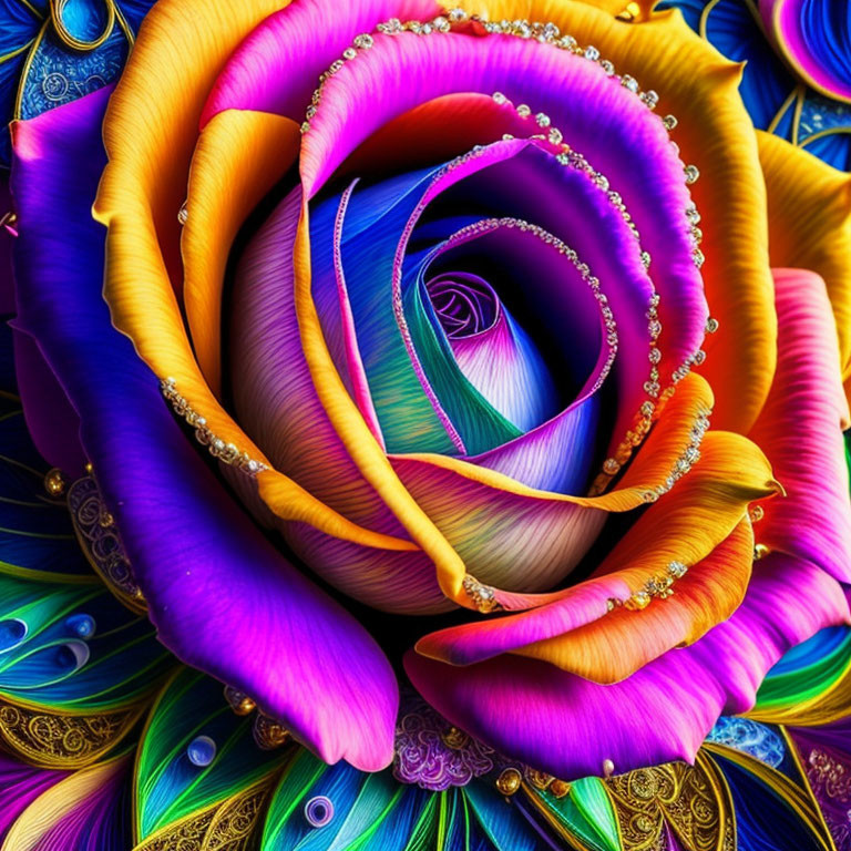 Digitally-enhanced vibrant rose with purples, blues, and pinks, showcasing dewdrop