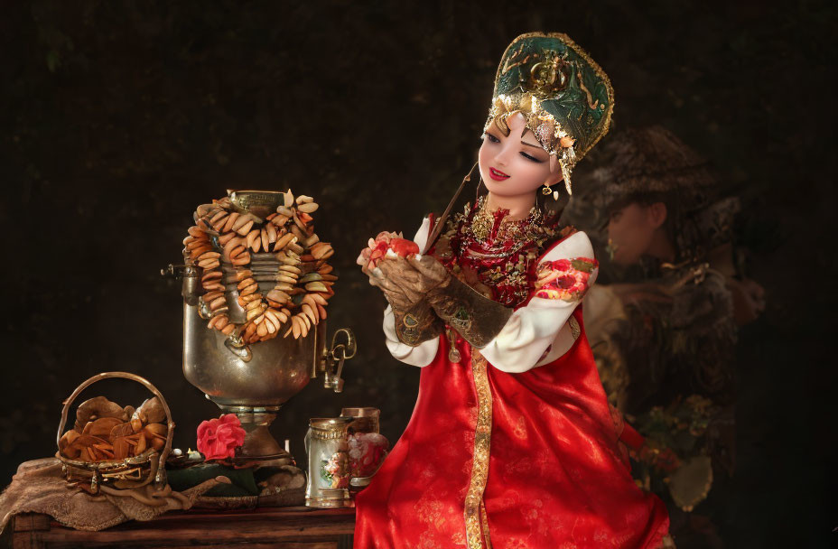 Traditional Russian Attire Woman with Samovar and Bagels in Vintage Setting