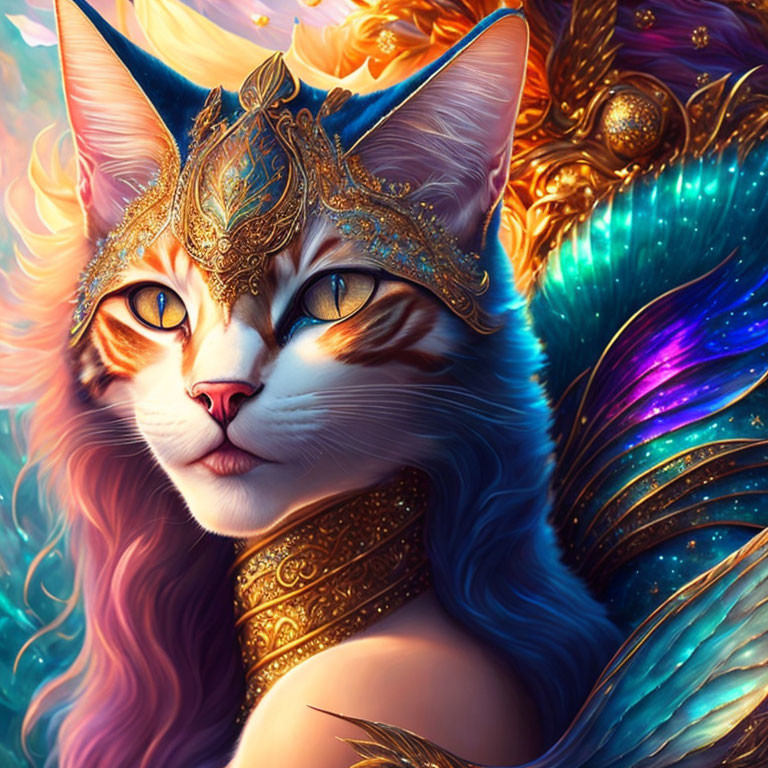 Colorful Digital Art: Majestic Cat with Golden Mask and Vibrant Background