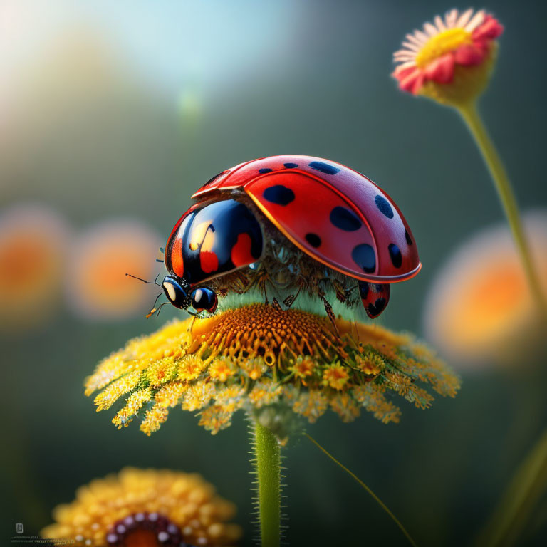 Red ladybug on yellow flower with black spots in soft-focused garden