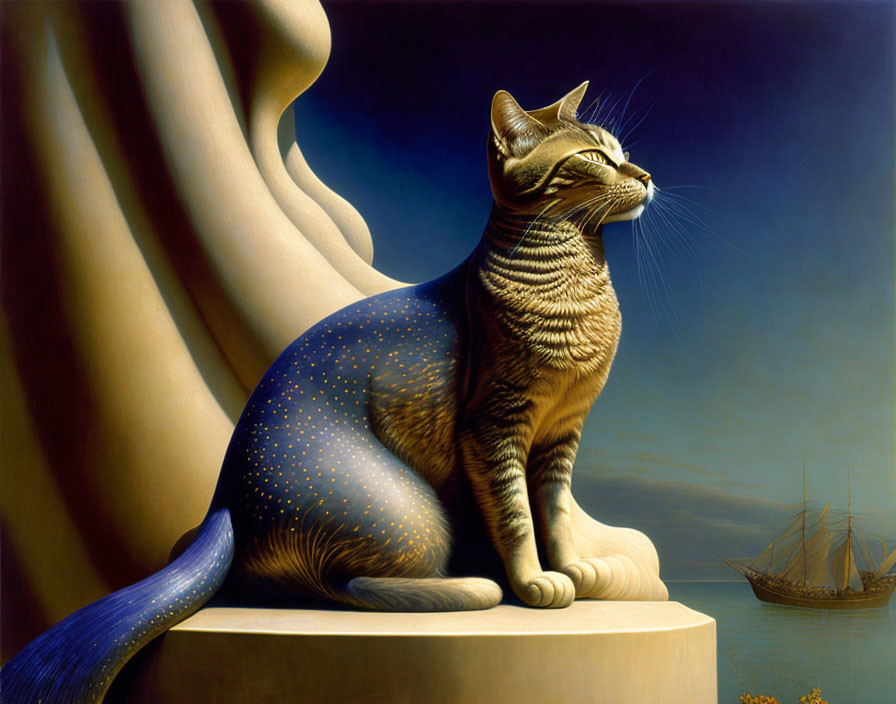 Majestic cat with star-filled coat on pedestal, ship in twilight sky