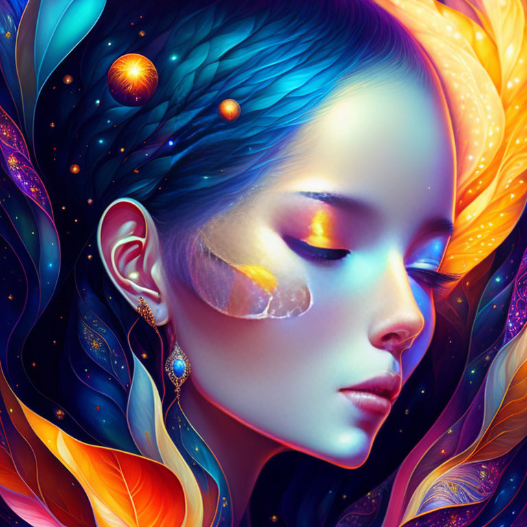 Colorful digital artwork: Woman with cosmic hair, planets, and feather earring