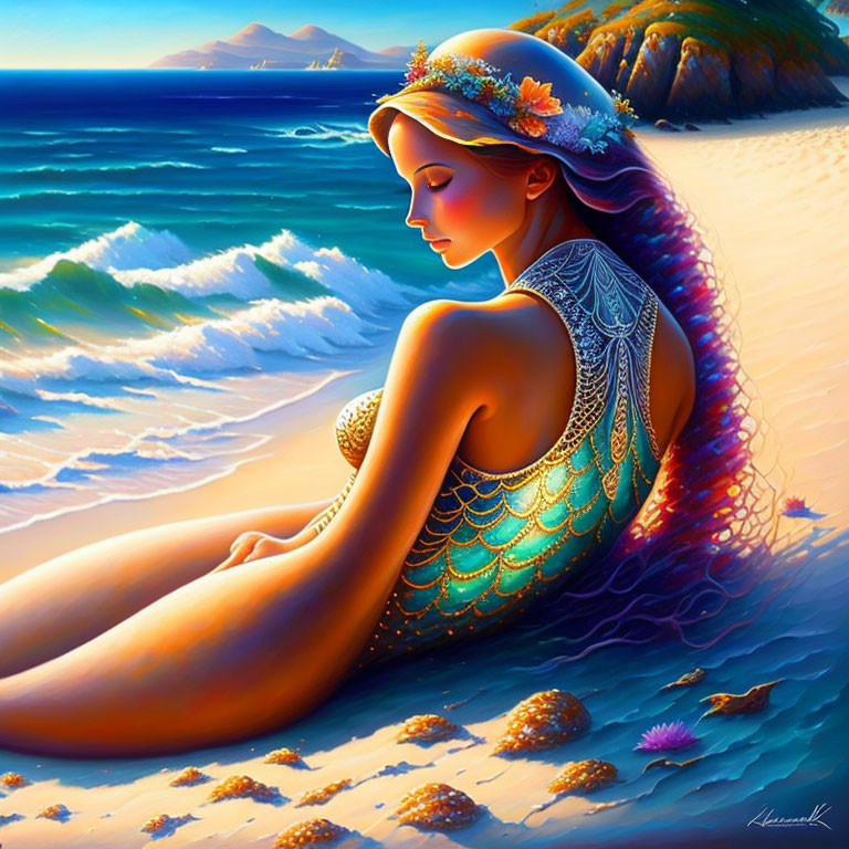 Vibrant sunset beach illustration of woman with mermaid-like design on back