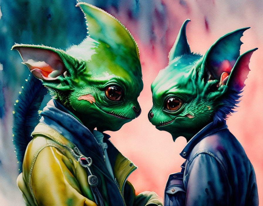 Stylized green humanoid creatures with large ears and eyes on colorful background