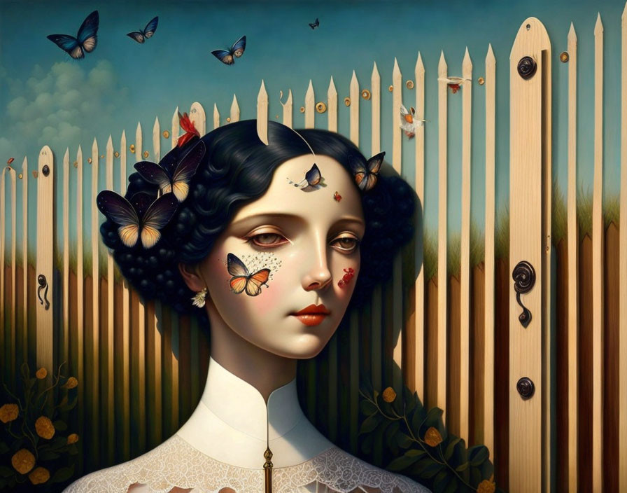 Stylized portrait of woman with butterflies, wooden picket fence, blue sky