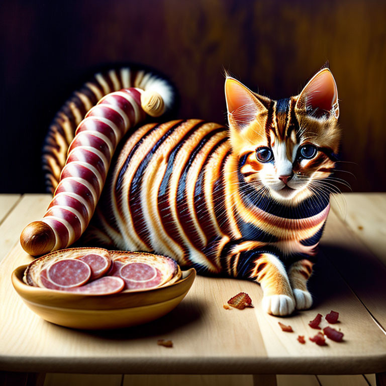 Playful cat with candy cane stripes near salami bowl