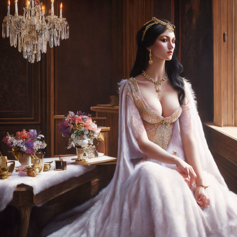 Regal woman in white gown and jeweled headpiece in luxurious room