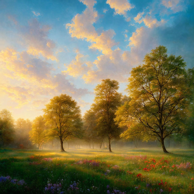 Tranquil Sunrise Landscape with Trees, Flowers, and Clouds