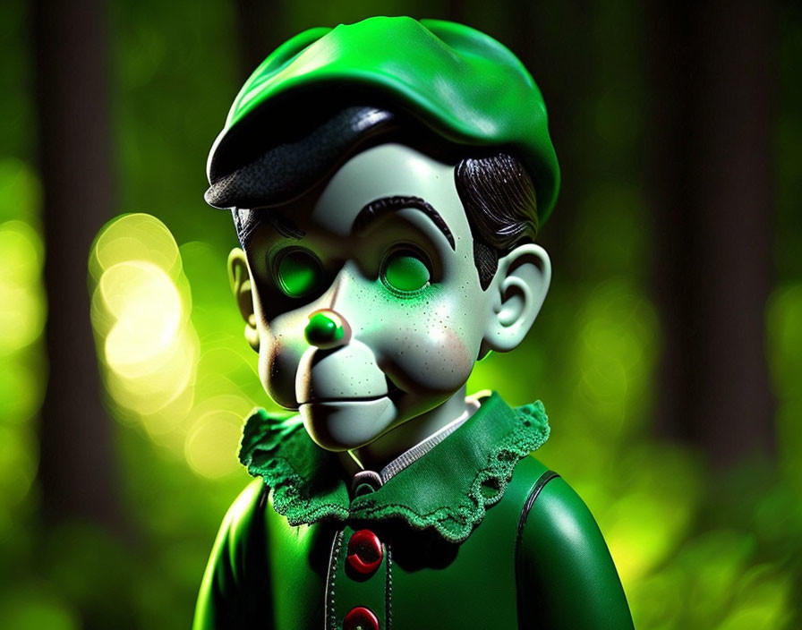 Exaggerated Toy Figure in Green Outfit with Blurred Greenery Background