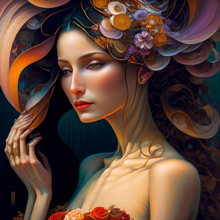 Colorful portrait of a woman with floral headdress and roses, detailed design.