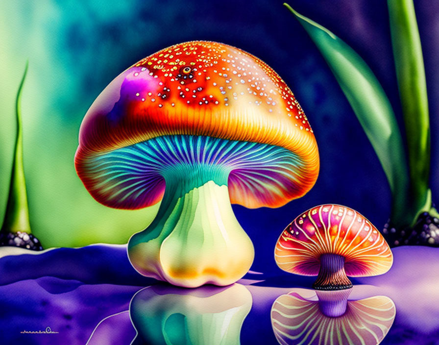 Colorful painting: Two whimsical mushrooms in fantasy setting