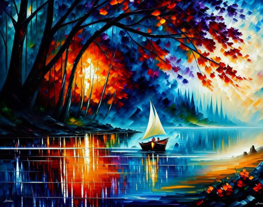 Colorful sailboat painting on blue lake with autumn trees and sunset