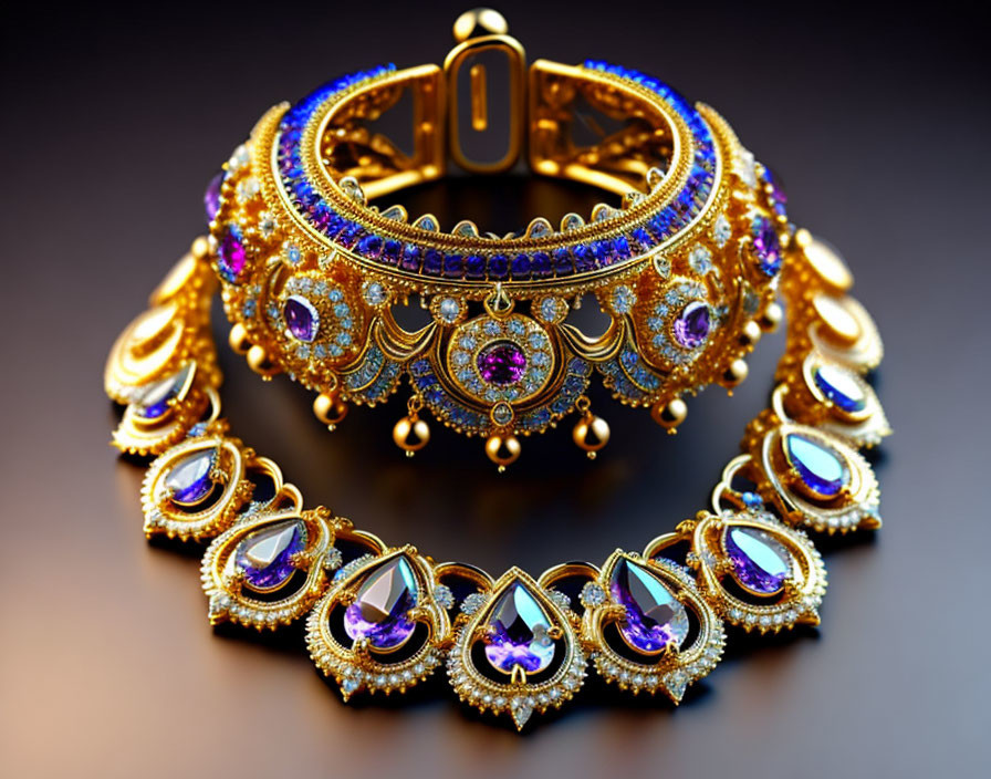 Golden Bracelet with Filigree, Diamonds, and Amethyst Stones