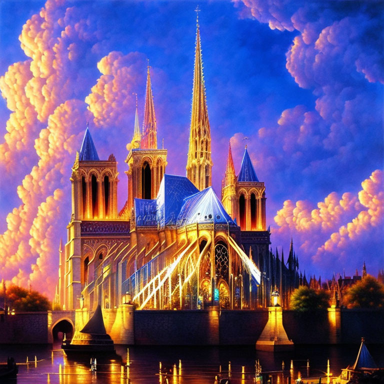 Gothic Cathedral Artwork: Illuminated Stained Glass & Twin Spires