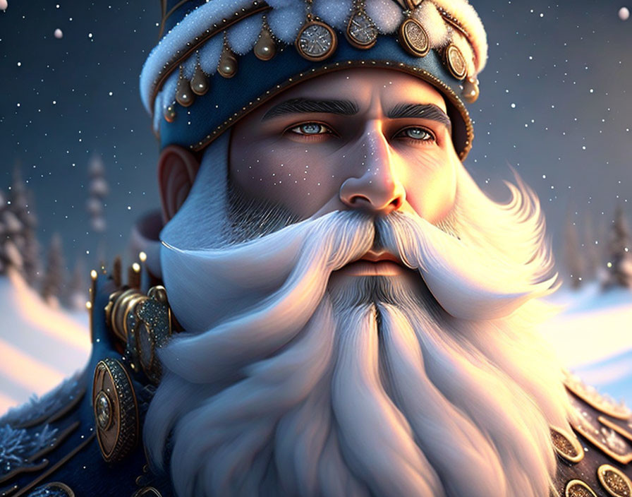 Regal figure with white beard, crown, and armor in snowy setting