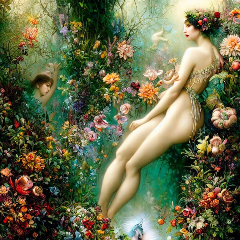 Woman in floral attire surrounded by cherub and lush garden scene