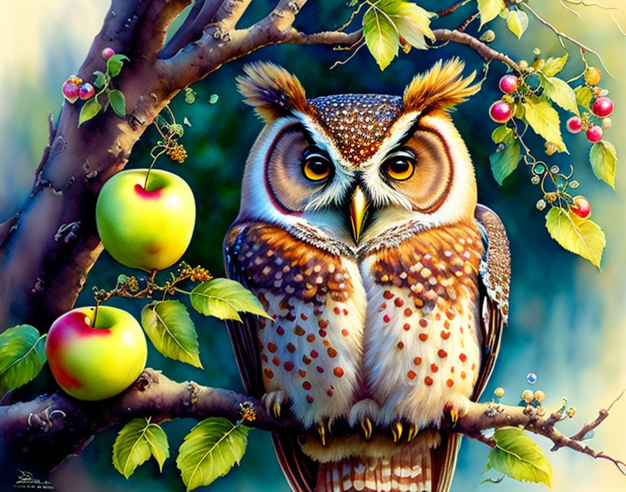 Detailed Owl Perched on Tree Branch with Green Leaves and Red Apples