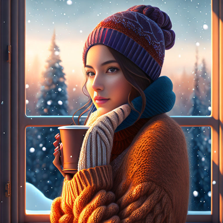 Woman in knitted hat and sweater gazes at snowy twilight landscape through window