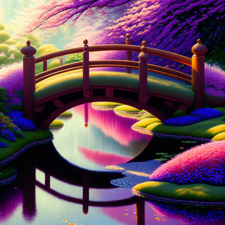 Colorful fantasy landscape with wooden bridge over calm river amid vibrant flora under purple sky