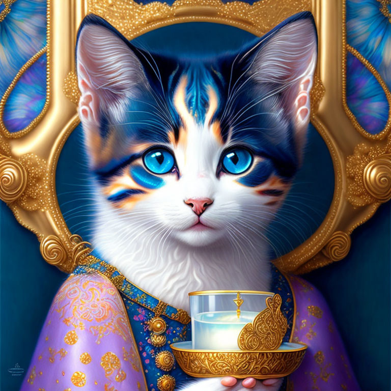 Regal cat with blue eyes holding golden bowl on ornate blue background