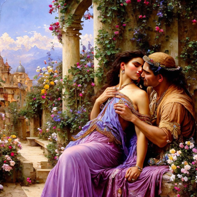 Historical Couple Embracing in Romantic Scene