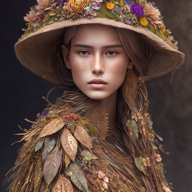 Serene woman in flower-adorned hat and leaf-textured garment