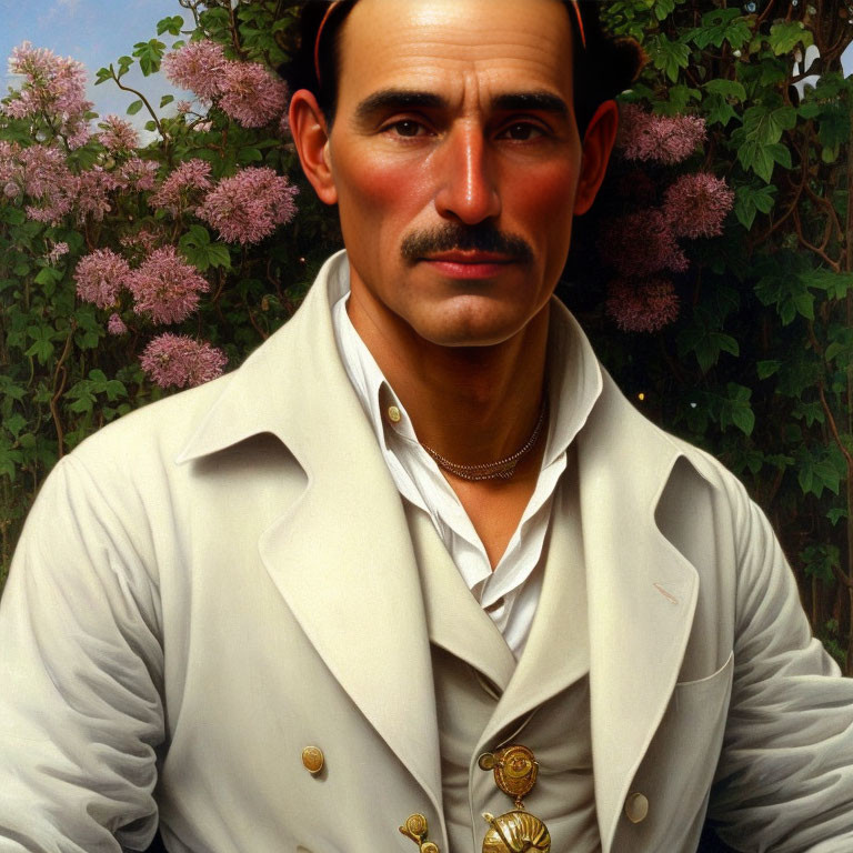 Mustachioed Man in White Coat with Medals Surrounded by Green Leaves and Pink Flowers