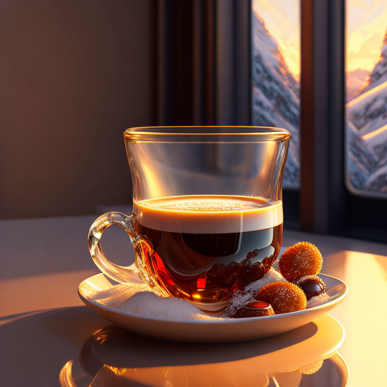 Sunlit tea cup on saucer with sugar cubes and strawberries by mountain sunset view