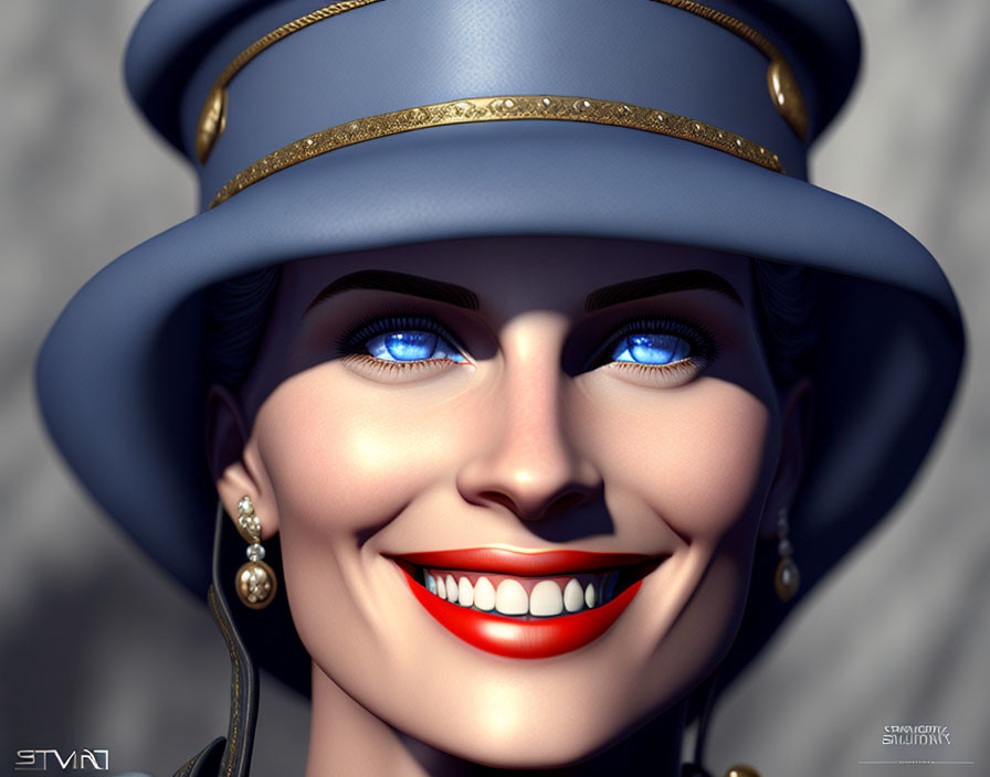 3D-rendered image: Smiling woman with blue eyes in blue hat and earrings