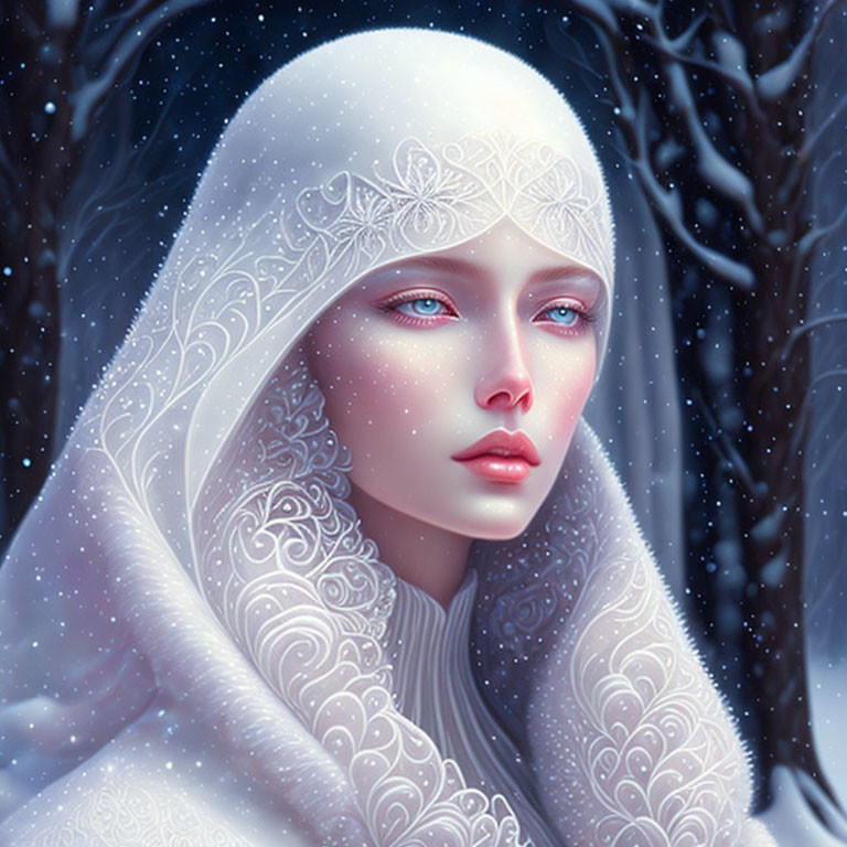 Woman with blue eyes in white headwear and cloak in snowy forest portrait