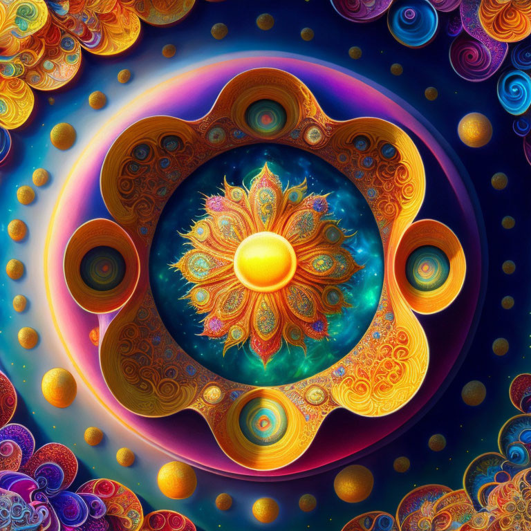 Colorful Fractal Artwork with Glowing Orb and Intricate Patterns