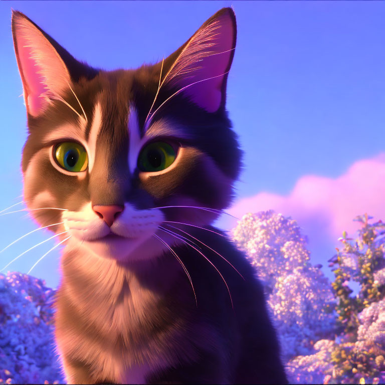 3D-animated cat with green eyes in purple flower backdrop