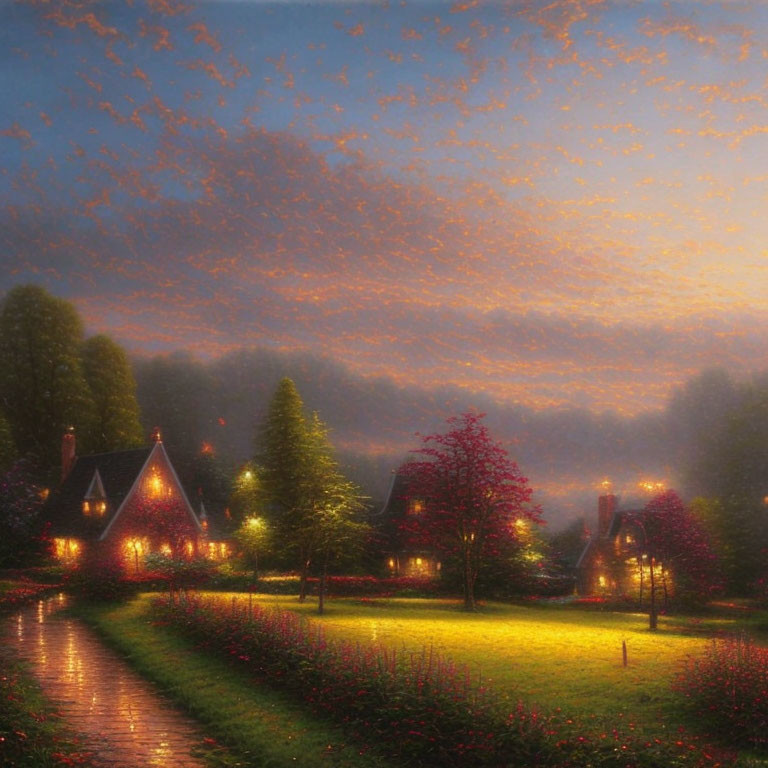 Twilight scene: Warm-lit cottages, lush trees, starry sky, golden path